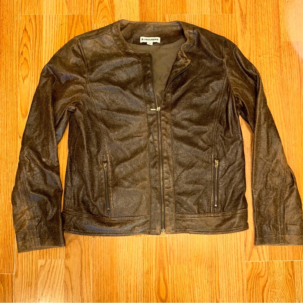& Trousers brown moto jacket coated crinkle material size 4
